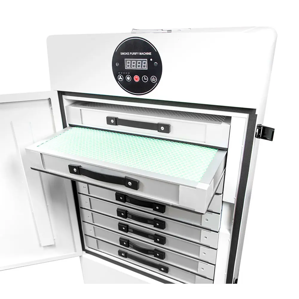 Wysuwana szuflada filtra w pochłaniaczu oparów S302 do laserów CO2