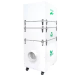 Pochłaniacz oparów YK-100 z otworem wlotowym i kółkami transportowymi, widok z boku.