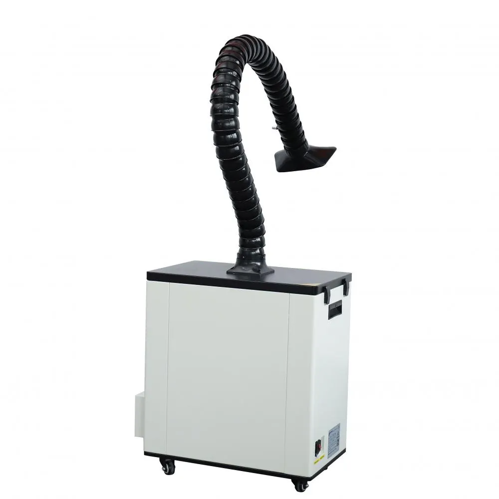 Pochłaniacz oparów PURE-AIR PA-500TS-IQ-B do znakowarek – widok z elastyczną rurą odciągową
