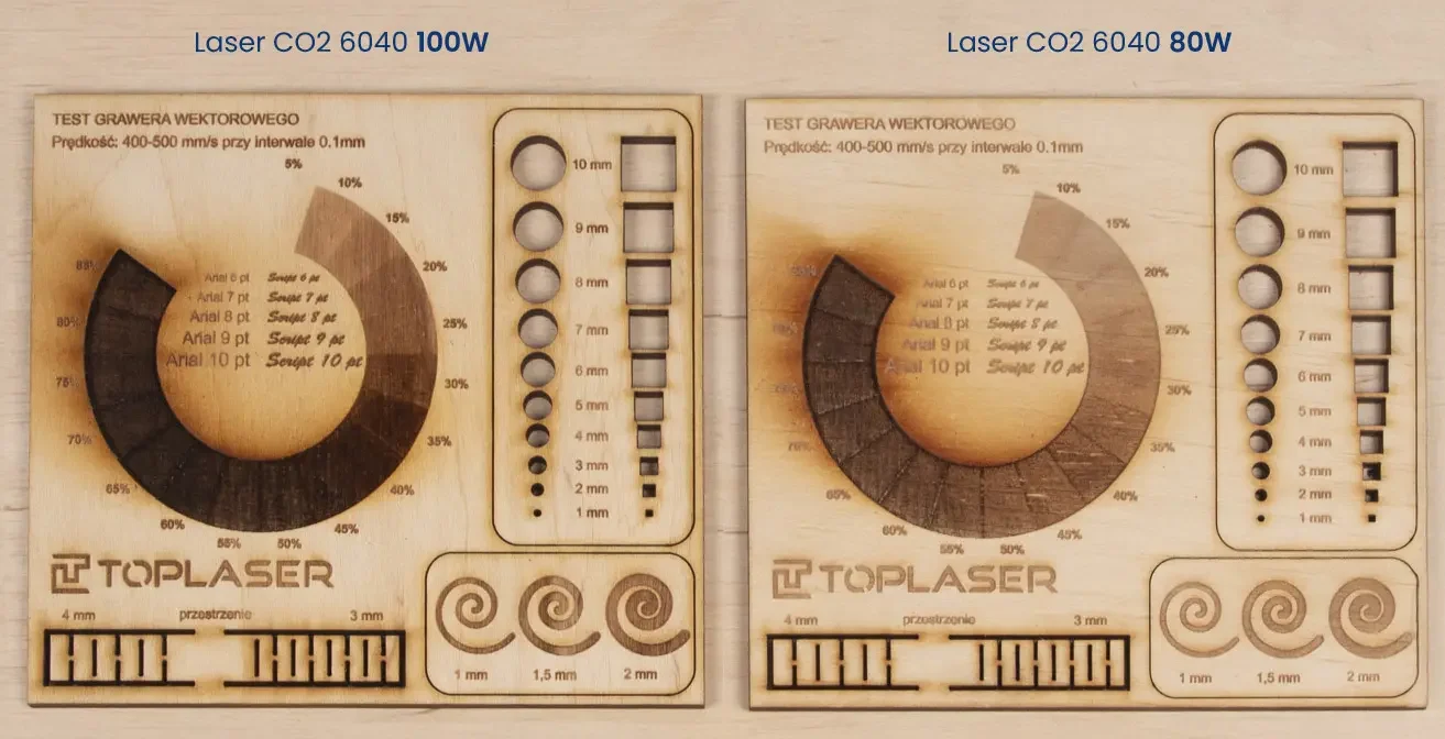 tabliczki testowe na sklejce wykonane ploterem co2 80W oraz 100W