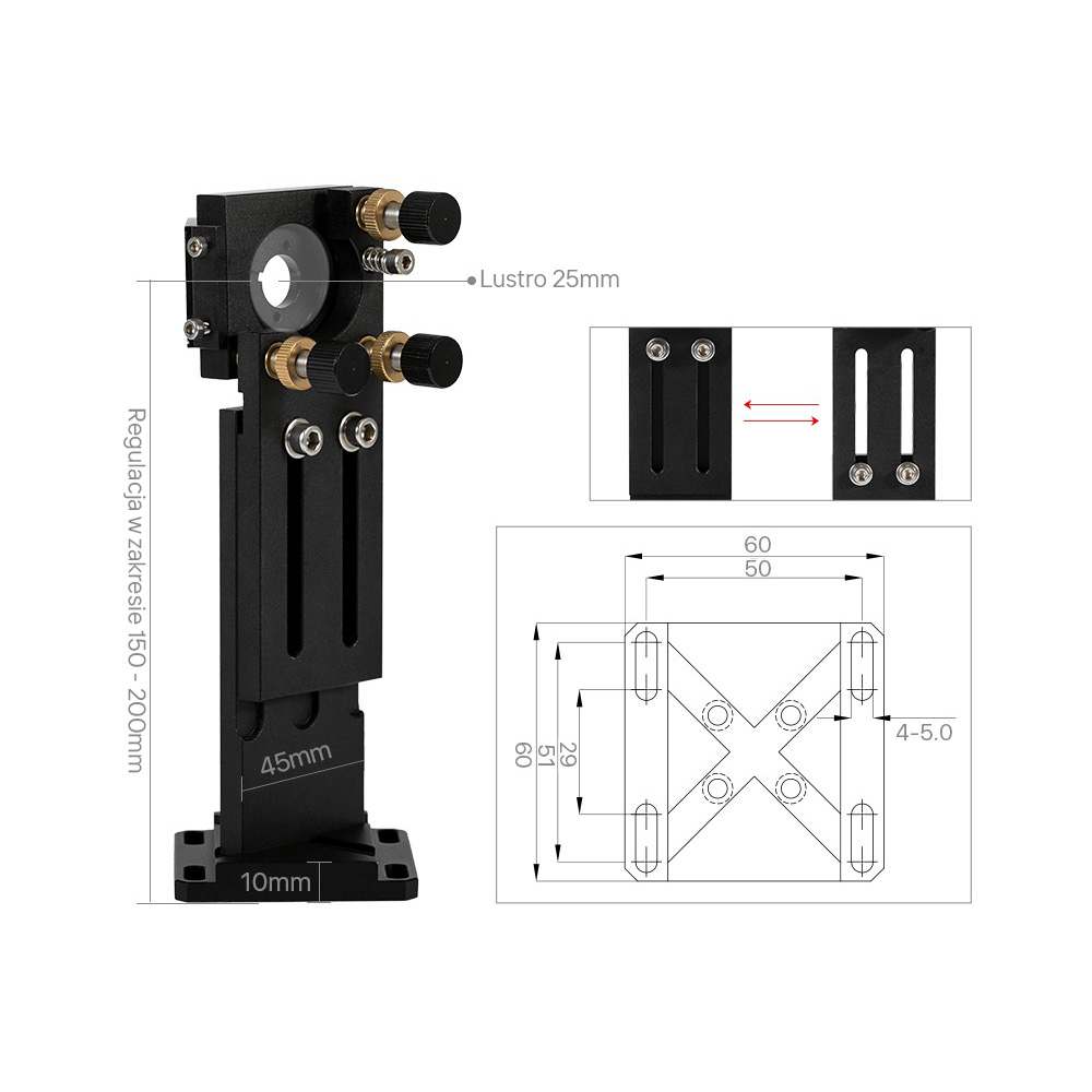 Uchwyt pierwszego lustra do plotera laserowego CO2 seria C/E 25 mm z rysunkiem technicznym i wymiarami