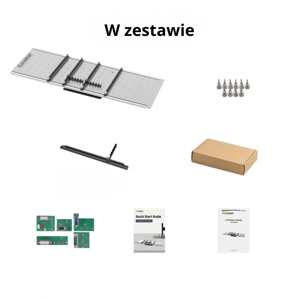 Zawartość zestawu rozszerzającego: moduł stołu, przyrząd pozycjonujący, śruby ręczne, akcesoria, zestaw przewodów, instrukcje
